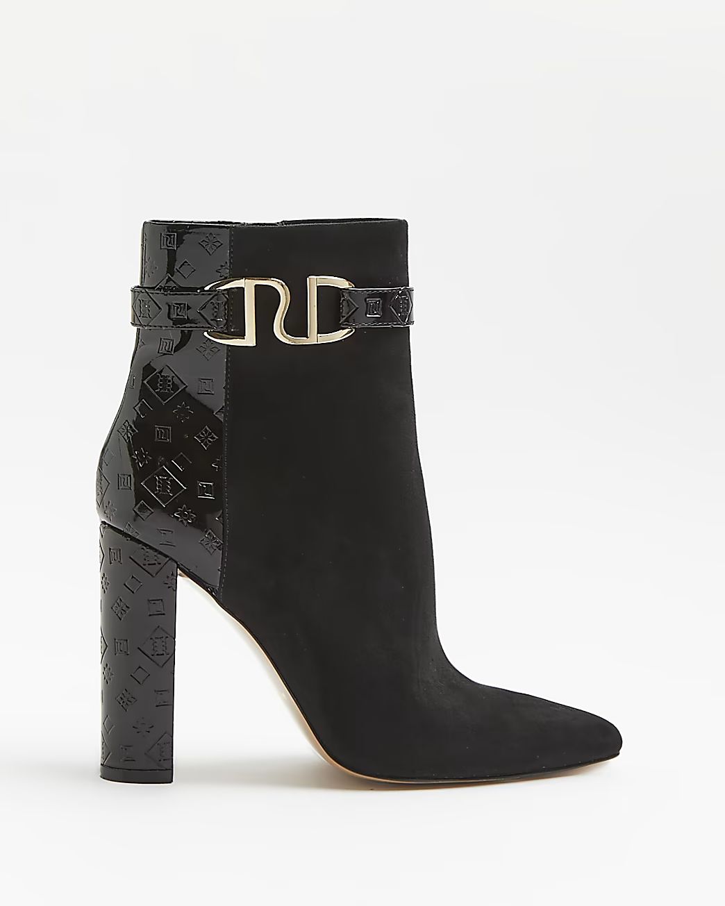 Black RI monogram embossed heeled boots | River Island (UK & IE)