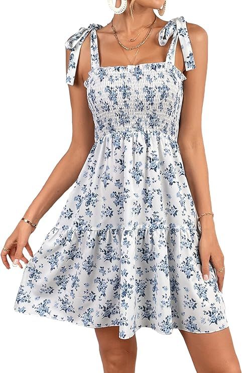 MakeMeChic Women's Floral Print Tie Shoulder Sleeveless Ruffle A Line Swing Summer Short Dress | Amazon (US)