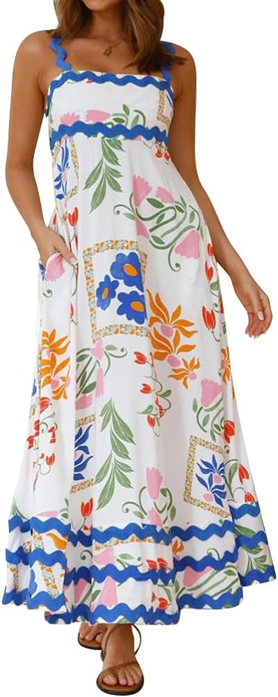 IDOPIP Womens Summer Casual Dress Beach Floral Maxi Dress Elegant Spaghetti Sleeveless Smocked Su... | Amazon (US)