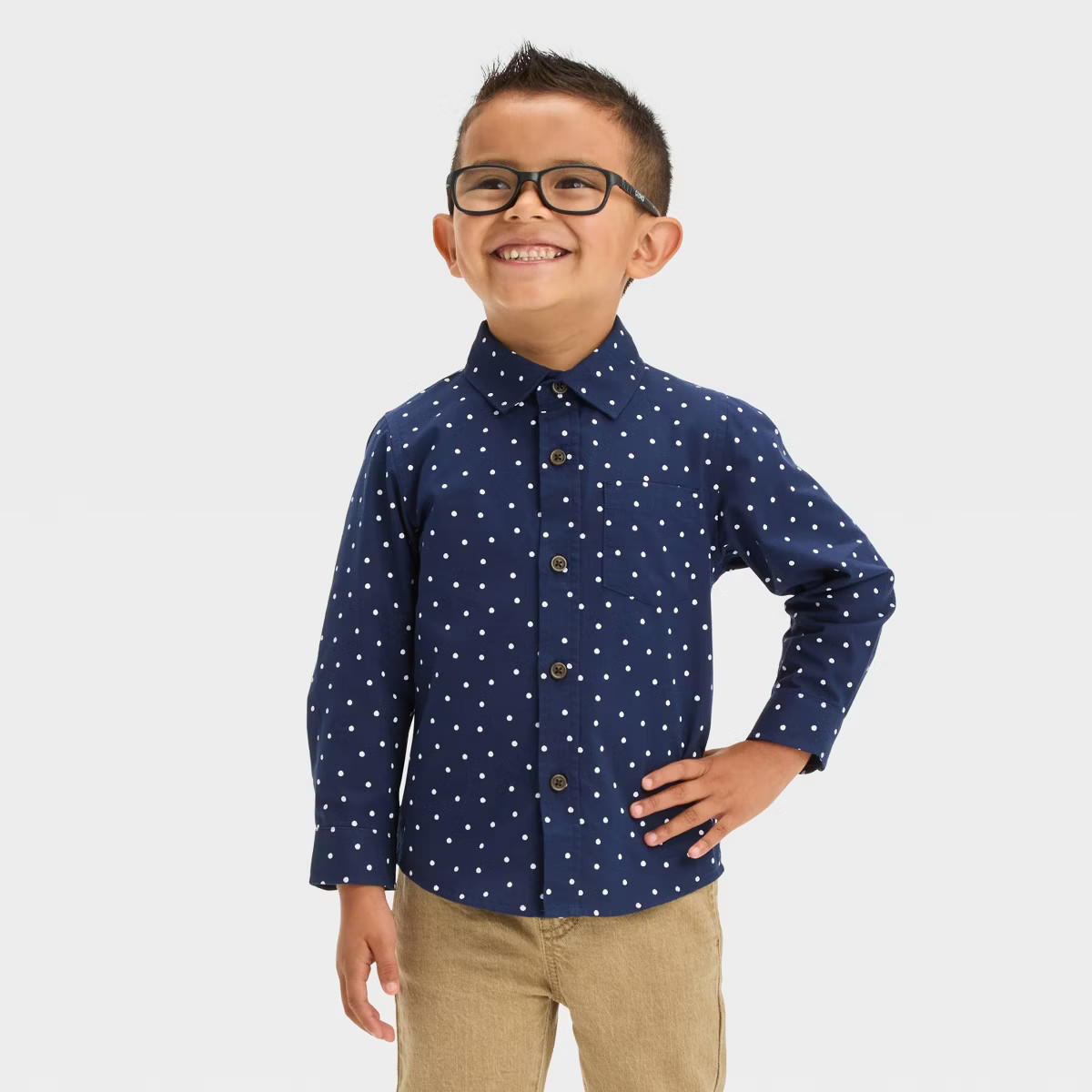 Toddler Boys' Long Sleeve Dot Printed 'Button-Down' Shirt - Cat & Jack™ Navy Blue | Target