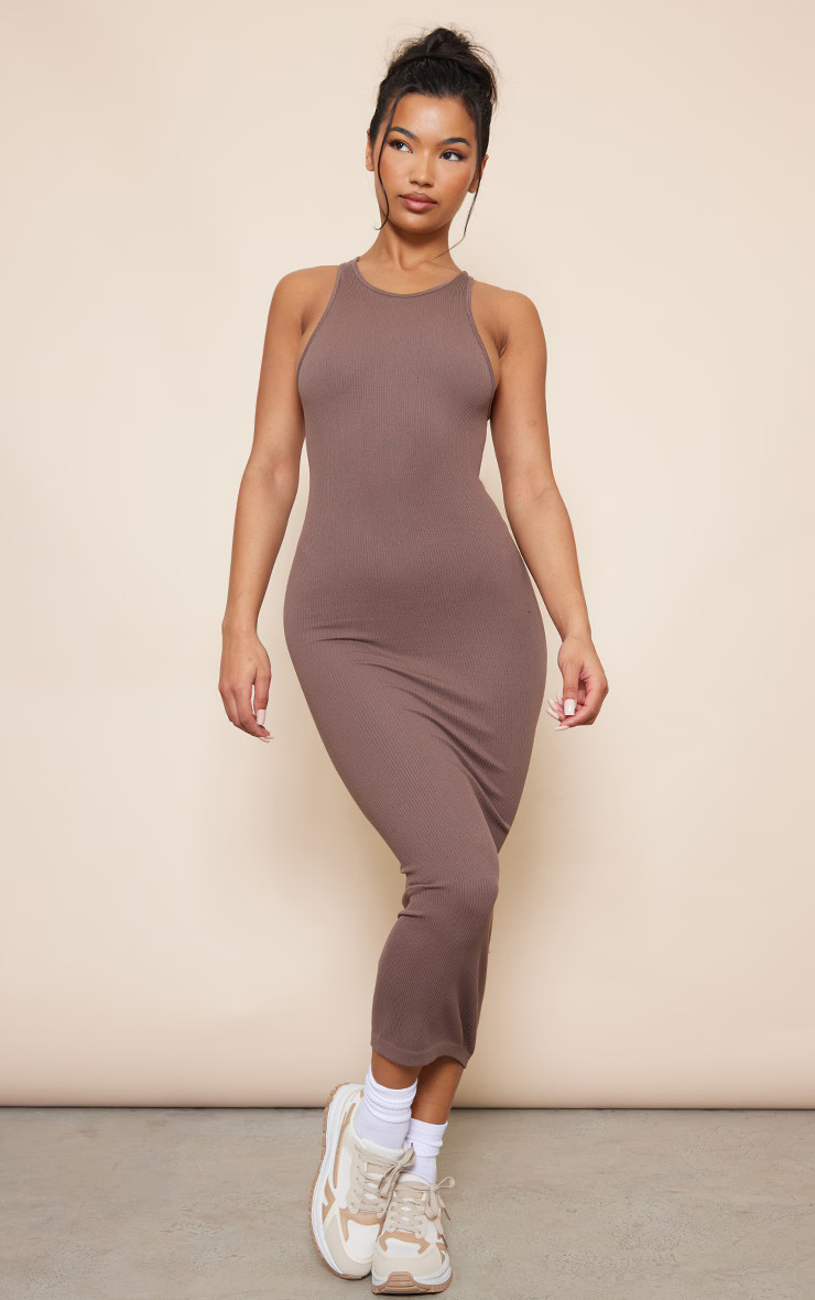 Deep Taupe Structured Snatched Rib Racer Neck Midaxi Dress | PrettyLittleThing US