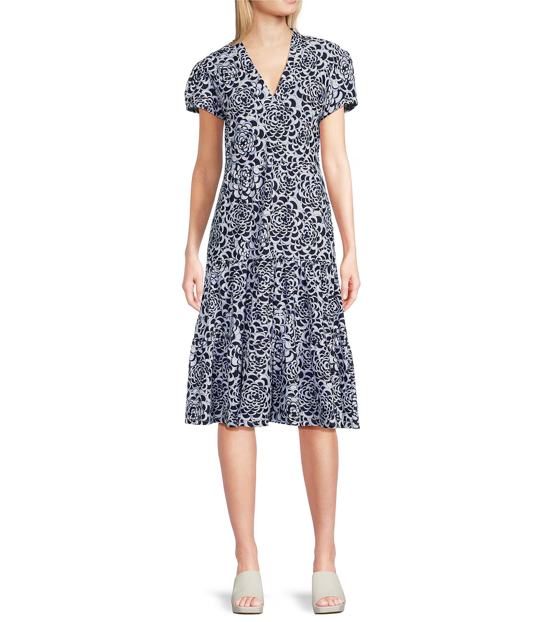 Libby Blooms Navy Print Jude Cloth Knit V-Neck Short Puff Sleeve A-Line Tiered Midi Dress | Dillard's