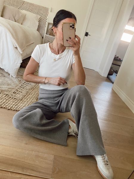 Running errands outfit 
Love these knit pants, they’re so comfortable and short gal friendly 
My favorite ribbed tee is 40% off and runs tts 

#LTKCyberWeek