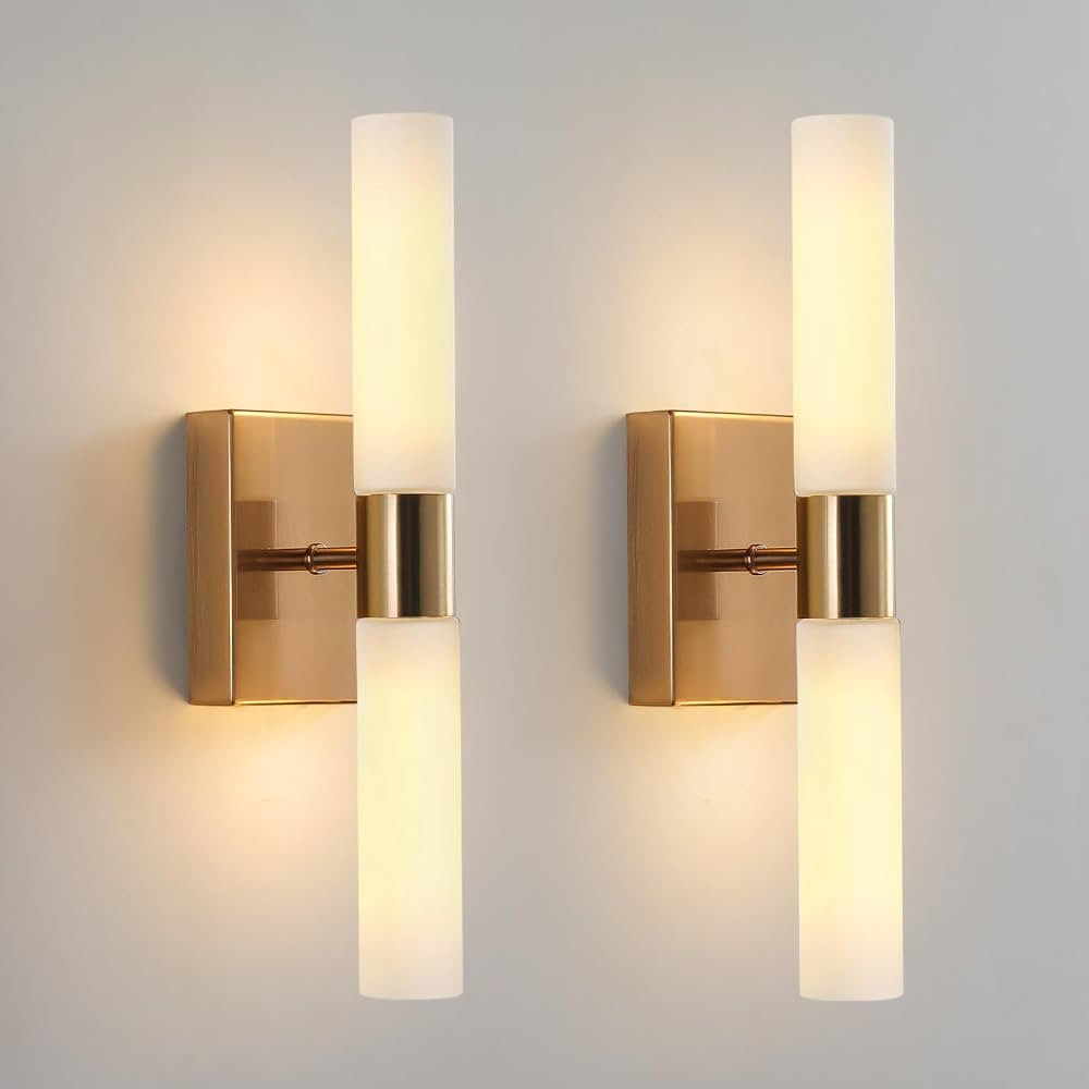 Modern Wall Sconces, Set of 2 Brushed Brass Gold, Frosted Glass Shade, Indoor Wall Mounted Lights... | Amazon (US)