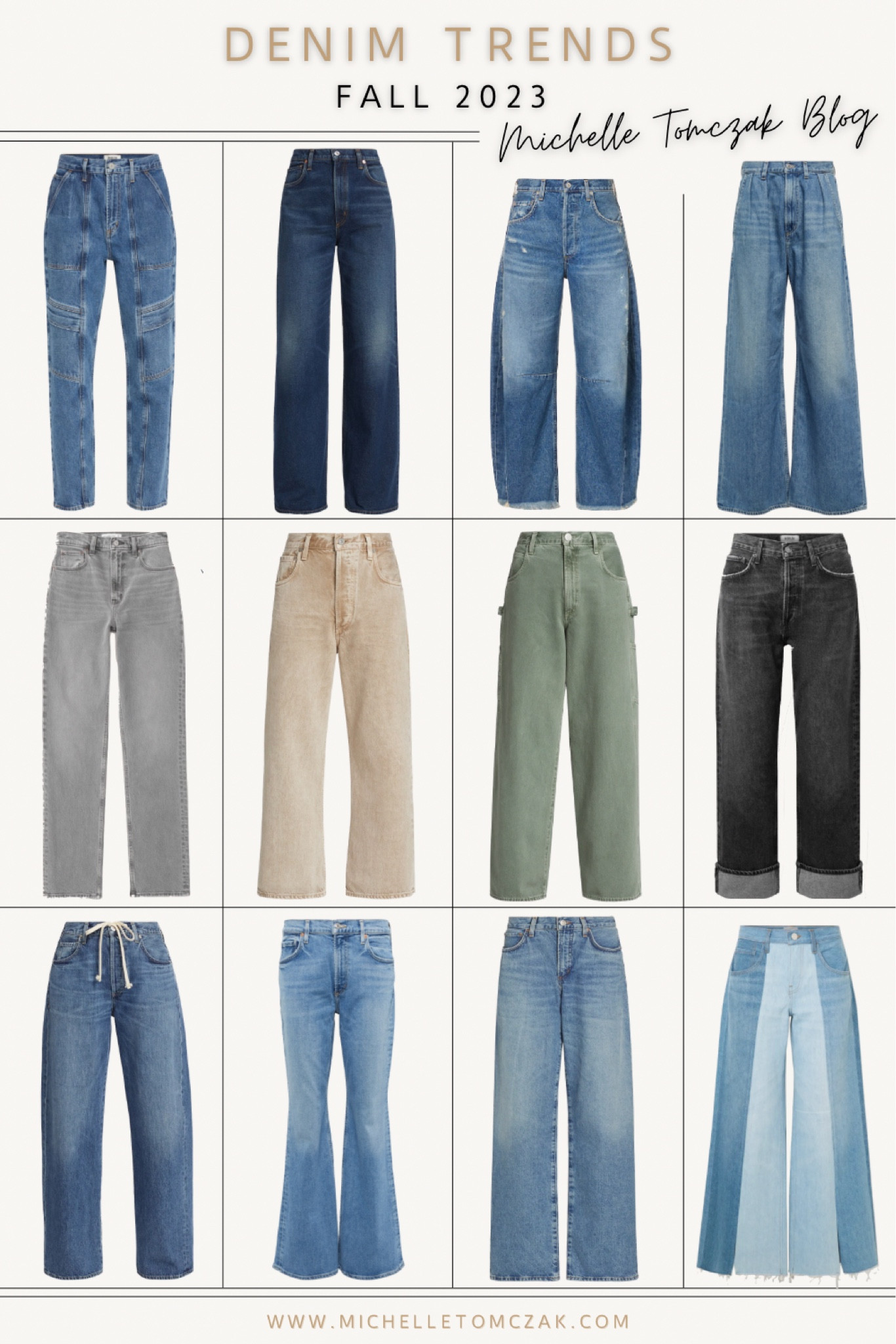 2023 Fall Denim Trends. Michelle Tomczak Blog  

Cargo, Wide Leg, Super Dark Wash, Horseshoe, Barrel Leg, Pleated Trouser, Gray Wash, Tan Wash, Brown Wash, Green Wash, Carpenter, Cuffed, Straight Leg, Drawstring, Flare, Low Rise, Baggy, Oversized, Puddle Jeans, Two Tonesd  

#LTKstyletip