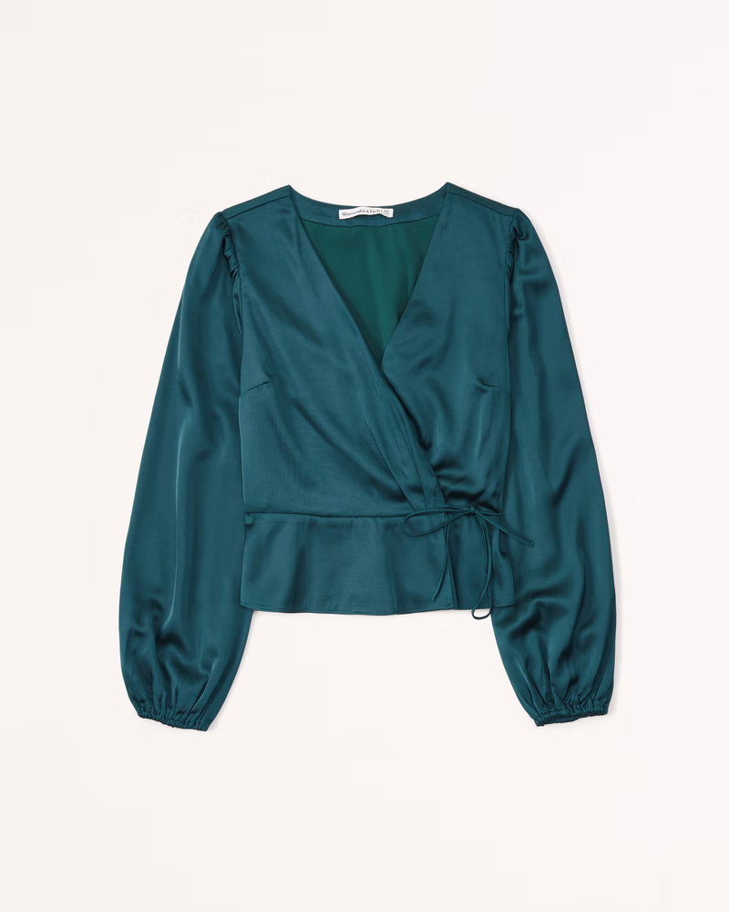 Long-Sleeve Satin Wrap Top | Abercrombie & Fitch (US)