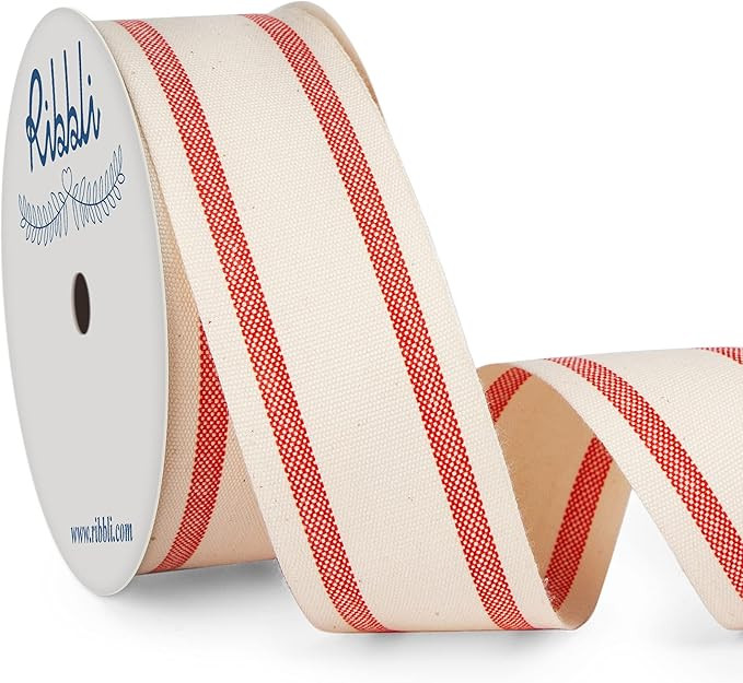 Ribbli Natural Cotton Stripe Ribbon,1-1/2 Inch x 10 Yard Spool,Natural/Red,Christmas Ribbon Use f... | Amazon (US)