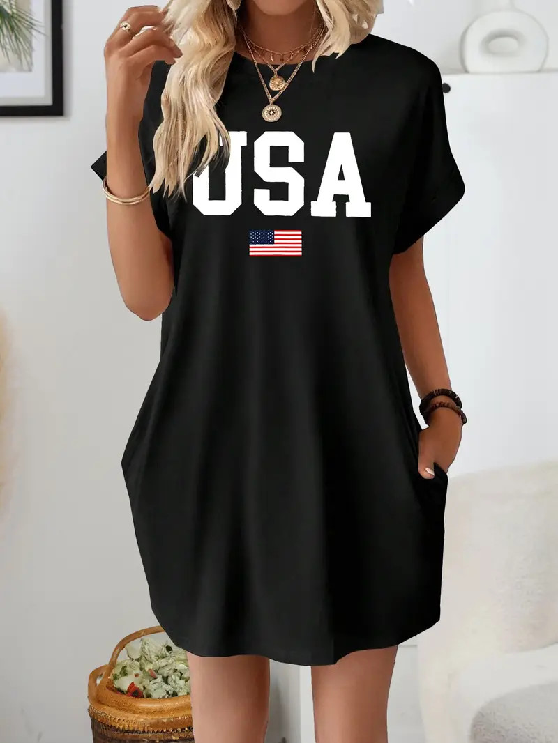 Flag Letter Print Lounge Dress Independence Day Casual - Temu | Temu Affiliate Program