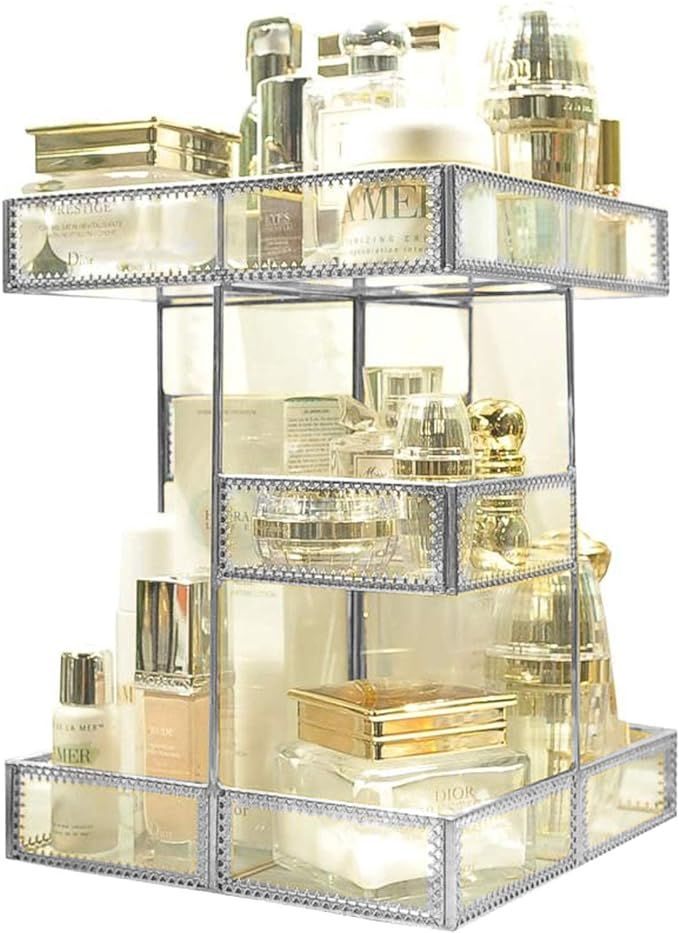 360 Degree Rotation Visible Skincare Organizer Antique Countertop Vanity Cosmetic Storage Mirror ... | Amazon (US)