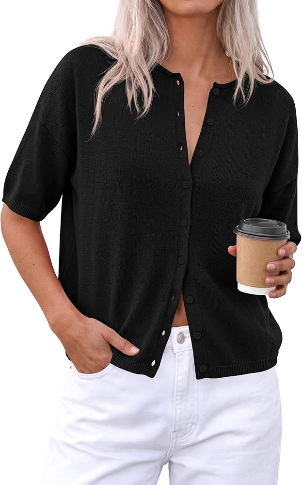 PRETTYGARDEN Women Spring Short Sleeve Cardigan Sweaters Button Down Knit Shirt Blouse Dressy Cas... | Amazon (US)