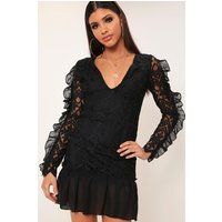 Black Lace And Organza Ruffle Sleeve Dress - 16 / BLACK | I Saw It First