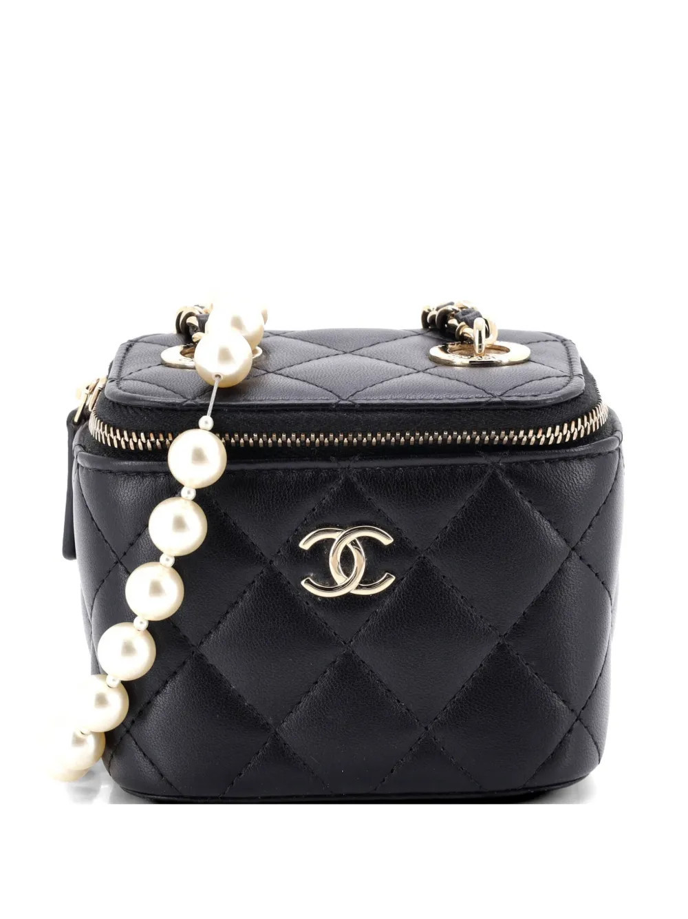 CHANEL Pre-Owned Vanity Case with Pearl Chain Quilted Lambskin Mini clutch bag - Black | Farfetch Global