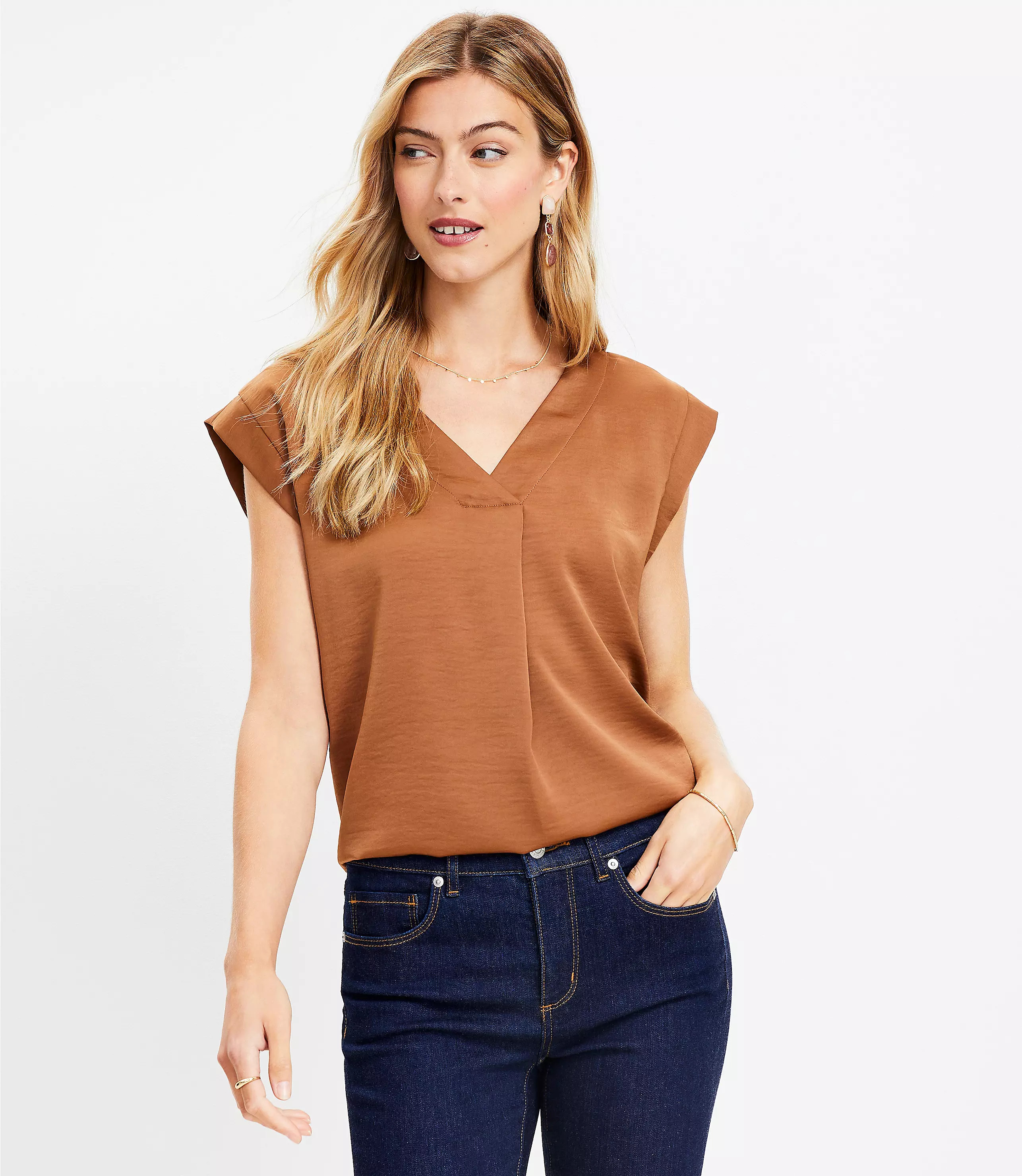 Satin Cap Sleeve V-Neck Top | LOFT
