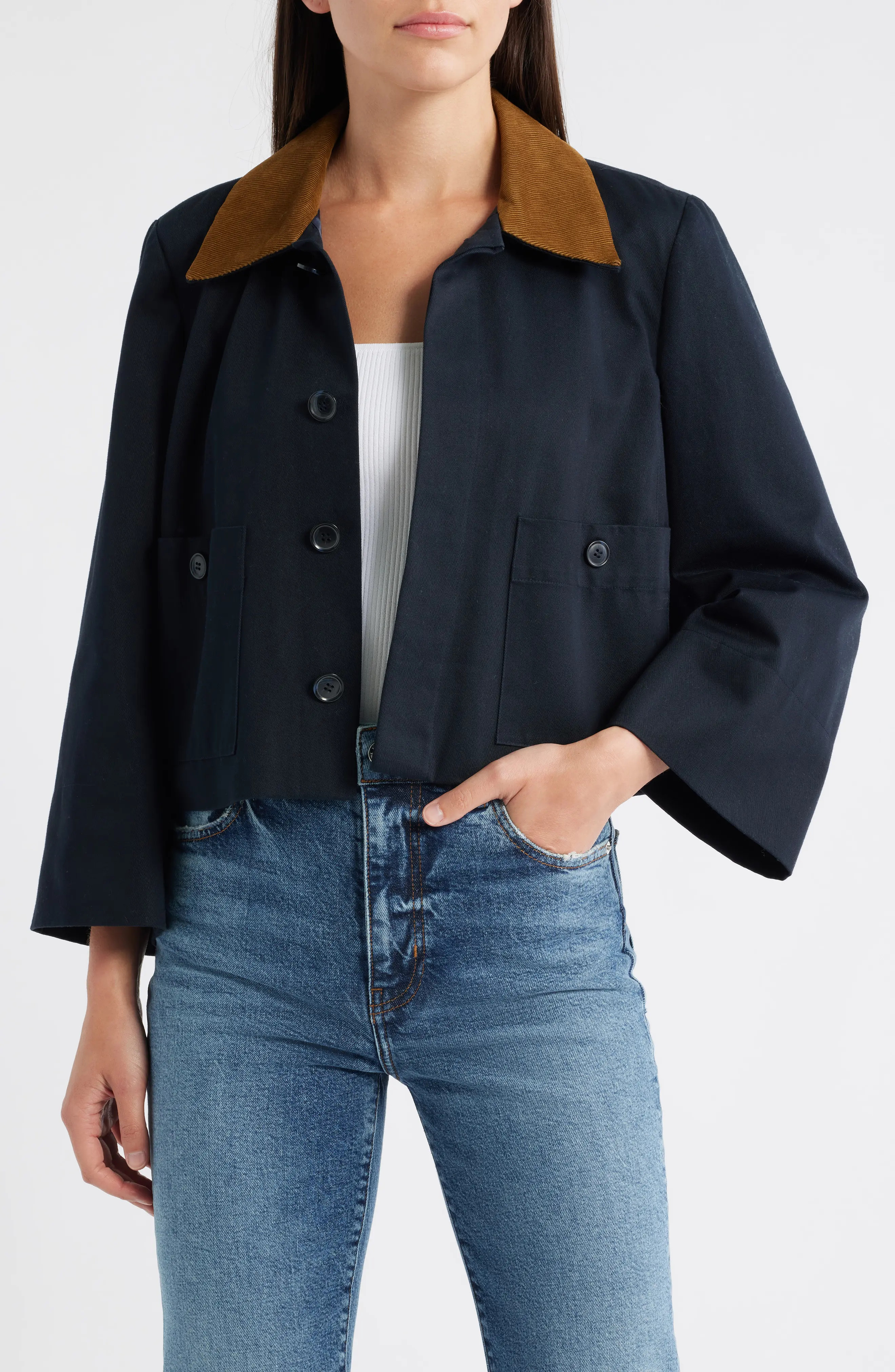 FRAME Corduroy Collar Crop Jacket in Navy at Nordstrom Rack, Size Large | Nordstrom Rack