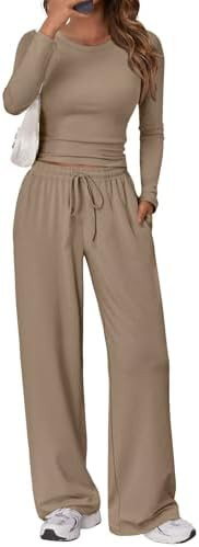 Trendy Queen Women's 2 Piece Matching Lounge Set Long Sleeve Slightly Crop Top Wide Leg Pants Cas... | Amazon (US)