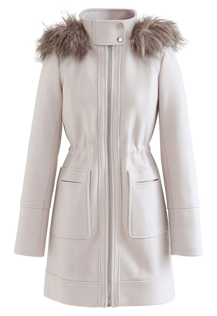 Faux Fur Hooded Wool-Blend Zipper Coat | Chicwish