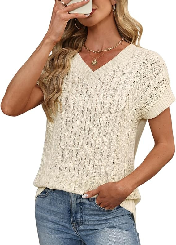 CiCiBird Women's Cable Knit Crochet Sweater Vest V Neck Short Sleeve Pullover Summer Loose Top | Amazon (US)