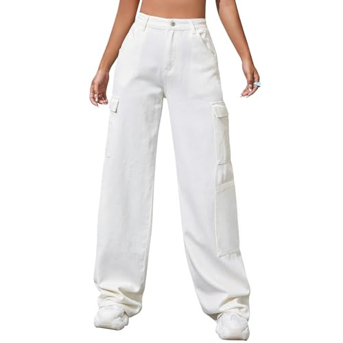 LONGBIDA High Waisted Cargo Jeans for Women Y2K Stretchy Straight Wide Leg Baggy Jeans Boyfriend Loose Denim Cargo Pants Trousers(White01,XL) | Amazon (US)
