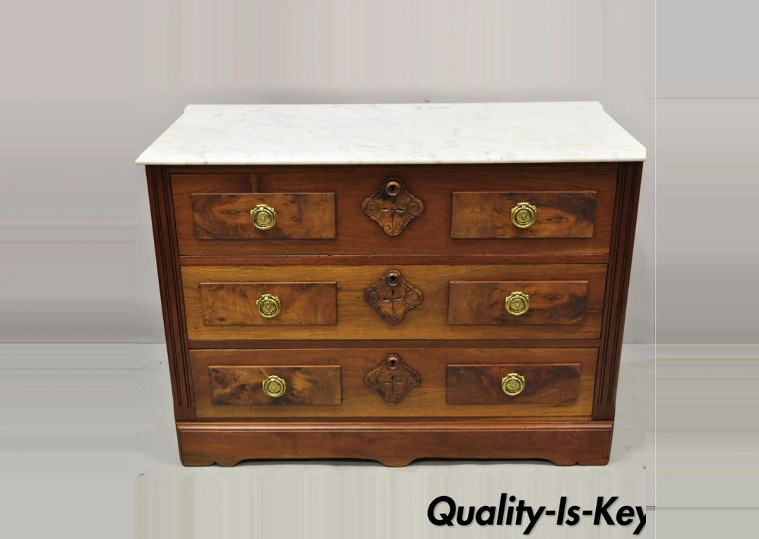 Eastlake Victorian White Marble Top Burl Walnut 3 Drawer Commode Dresser Chest | Etsy (US)