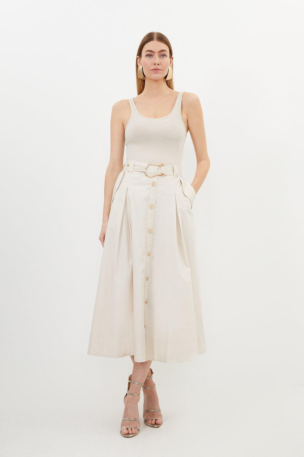 Cotton Sateen Button Woven Midi Skirt | Karen Millen UK + IE + DE + NL