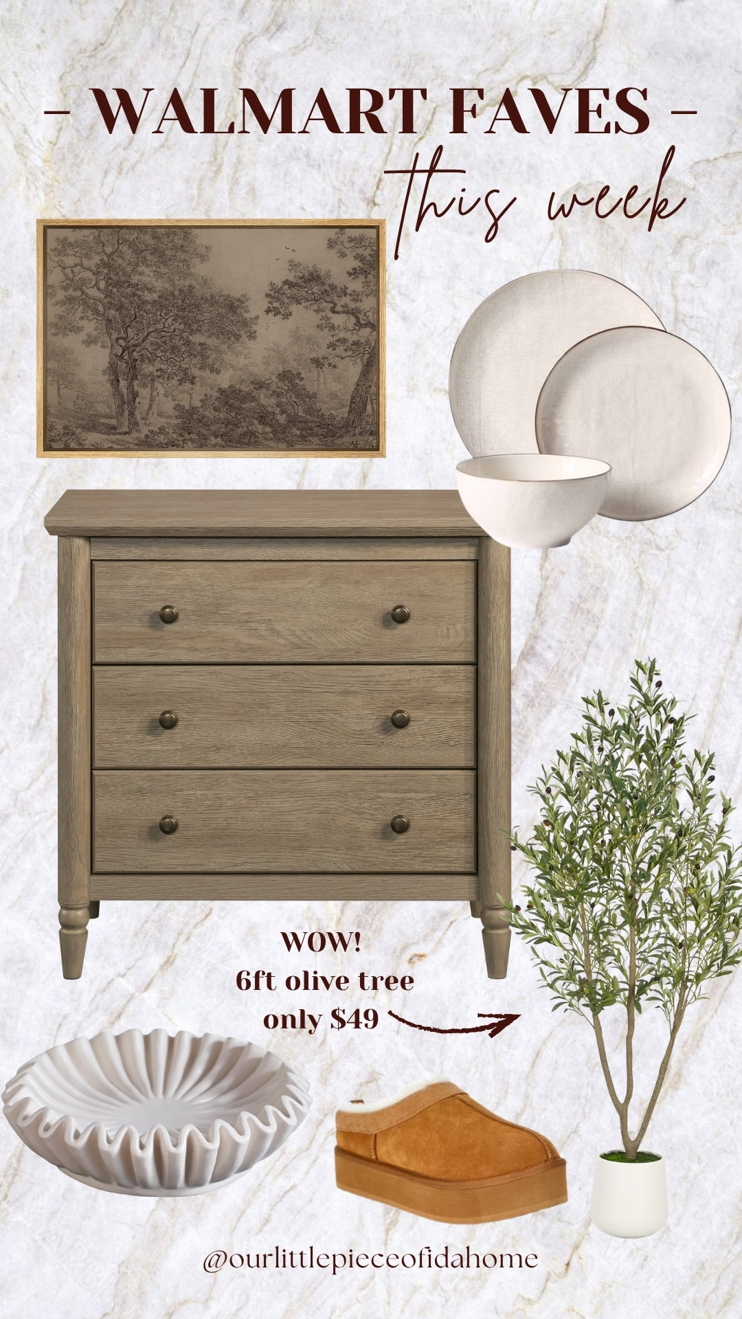 I’m sharing my favorite Walmart home finds from this week because they all have that warm, collected look I love without the designer price tag.

The olive tree was the standout for me. At just $49, it adds height, texture, and color to a room while still feeling natural and understated. I also linked the artwork, dresser, decorative bowl, and neutral dinnerware that work beautifully in modern organic spaces.

These are the kinds of affordable pieces I reach for when I want a home to feel layered, timeless, and thoughtfully finished. Shop all of my Walmart favorites below.
@Walmart 

 #LTKU #LTKHome #LTKSaleAlert