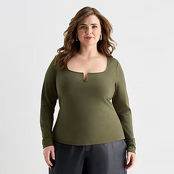 new!Ashley Graham Wire Notch Womens Plus Scoop Neck Long Sleeve T-Shirt | JCPenney