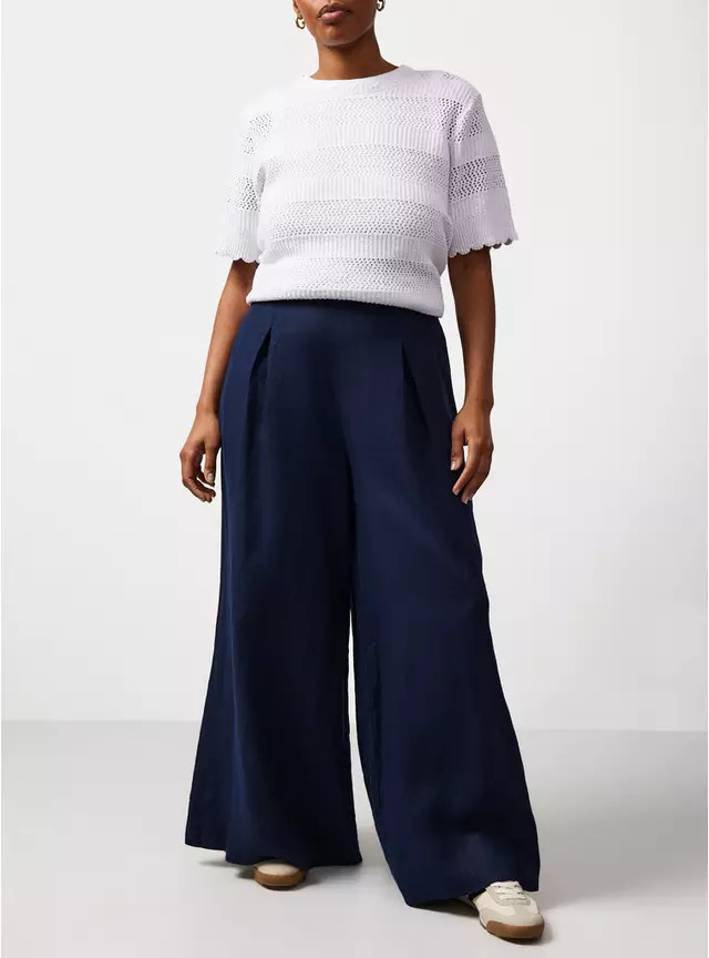 Navy Pure Linen Palazzo Trousers 12R | Tu Clothing