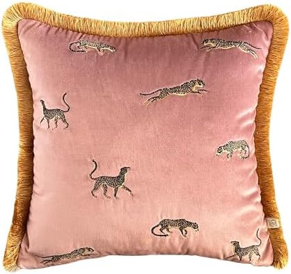 Leopard Pattern Throw Pillow - Pink Velvet Pillow Case - Copper Tassel Cushion Cover - Decorative... | Amazon (US)