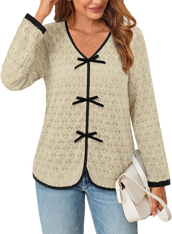 Messic Women's Long Sleeve Tops Knitted Lace Blouse Dressy Casual Loose V Neck Shirt Trendy Fall ... | Amazon (US)
