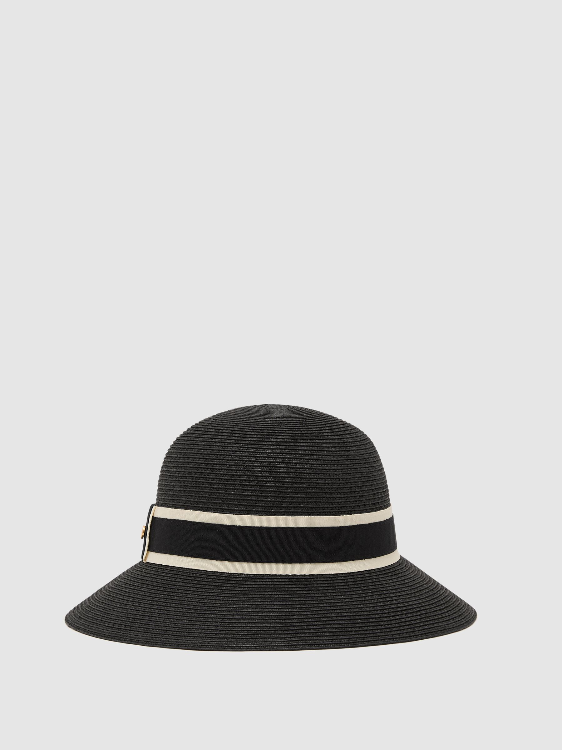 Reiss Ribbon-Trim Straw-Effect Hat in Black - REISS | Reiss UK