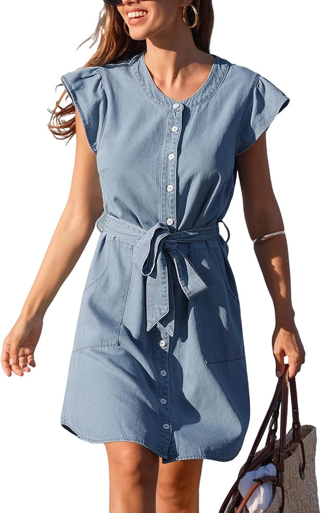 Cupseh Women's Denim Dress Crewneck Button Down Belted Tie Waist Ruffle Sleeves Mini Dress with P... | Amazon (US)