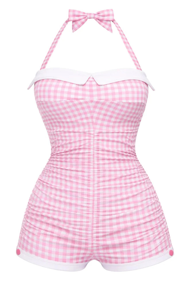 Pink Gingham 1950s Halter Bowknot One-piece Swimsuit | Retro Stage