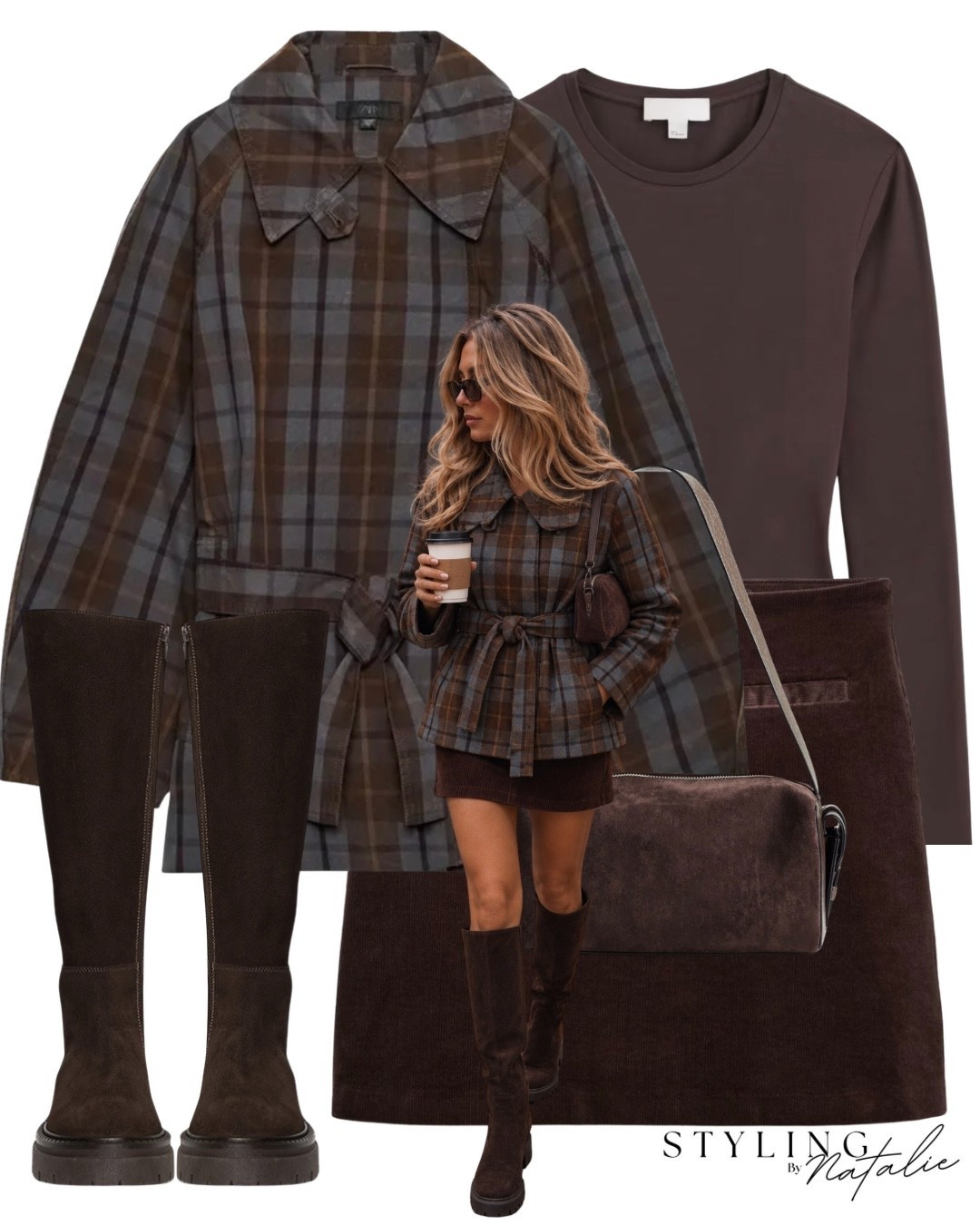 Check print tie waste  jacket long sleeve brown T-shirt, corduroy miniskirt, knee-high flat boots and a suede bag
Autumn outfit, fall outfit, checked style outfit, casual chic , date night, winter, cinched waist collar jacket, Steve Madden @ASOS

#LTKuk #LTKautumn #LTKeurope