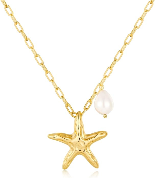 YUJIE Gold Starfish Necklace for Women Adjustable Shell Pearl Charm Necklace Gold Plated Ocean Pe... | Amazon (US)