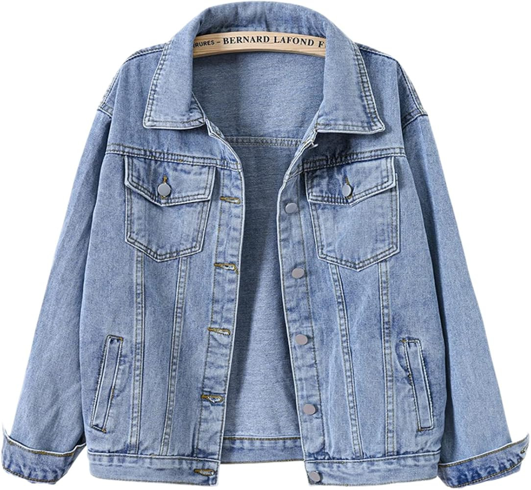 loveimgs Women's Classic Collared Button Down Distressed Oversize Boyfriend Unlined Denim Trucker... | Amazon (US)