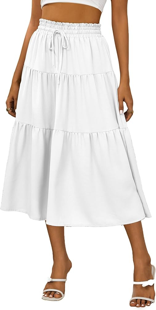 Anbech Women's Casual Midi Skirt Elastic High Waisted Summer Beach Skirts Trendy Pleated A-Line D... | Amazon (US)