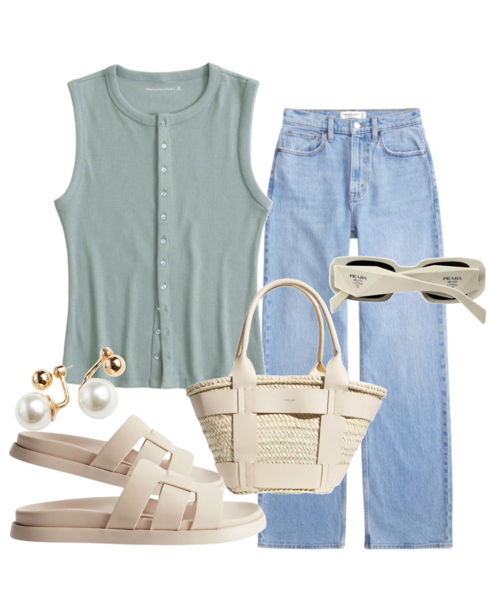Button up vest in sage green, high waist relaxed jeans, chunky cream sandals, Demellier straw tote bag, Prada sunglasses & pearl sphere earrings. Summer casual outfit, everyday look.

#LTKstyletip #LTKsummer #LTKmidsize