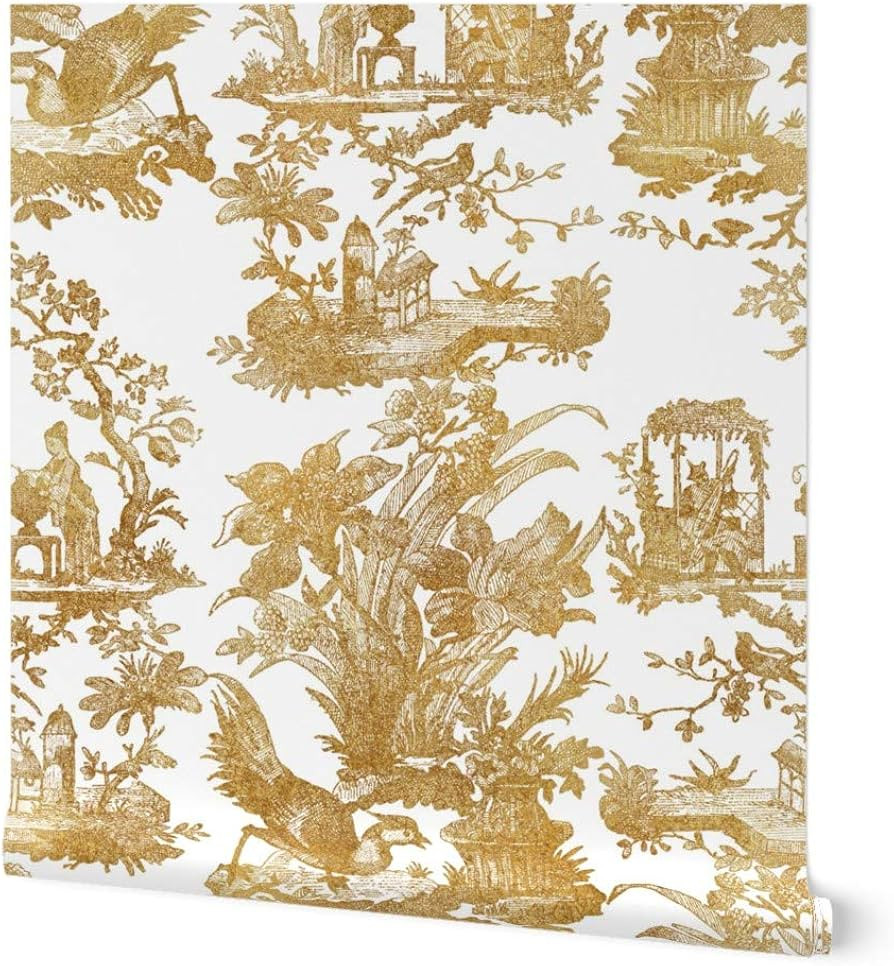 Removable Wallpaper 9ft x 2ft - Vintage Style Chinoiserie Toile White Faux Gold Asian Inspired Cu... | Amazon (US)