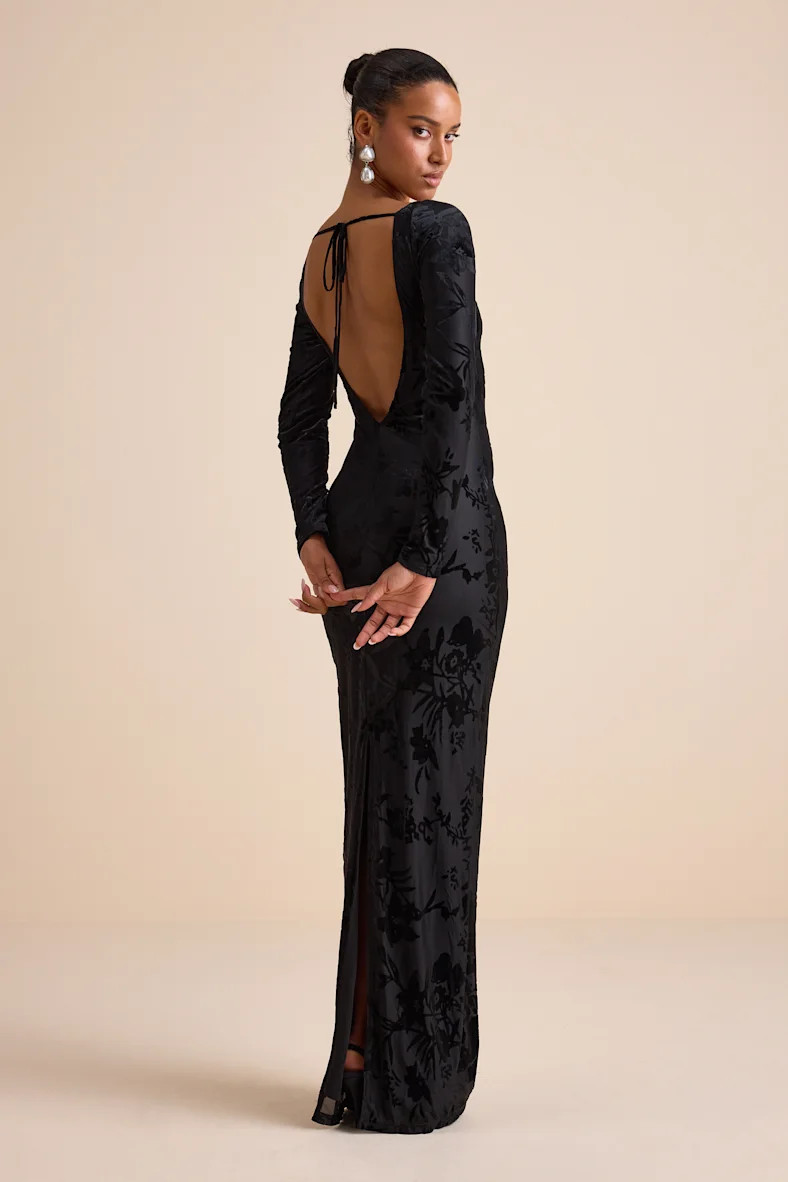 Amiria Black Burnout Velvet Long Sleeve Maxi Dress | Lulus