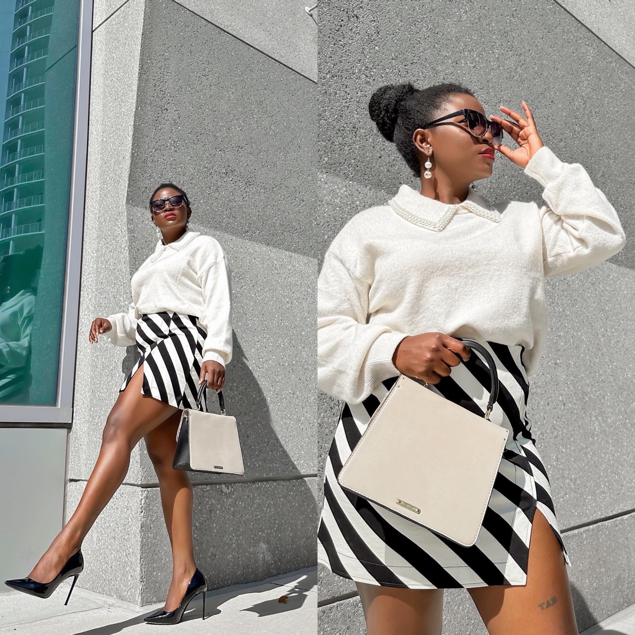 spring to Summer casual chic outfit idea , Petite fashion styles , how to style black high heels for brunch, Florida Vacation outfit ideas, stripped mini skirt, white pearl sweater, Tan handbag 

#LTKstyletip #LTKtravel #LTKU