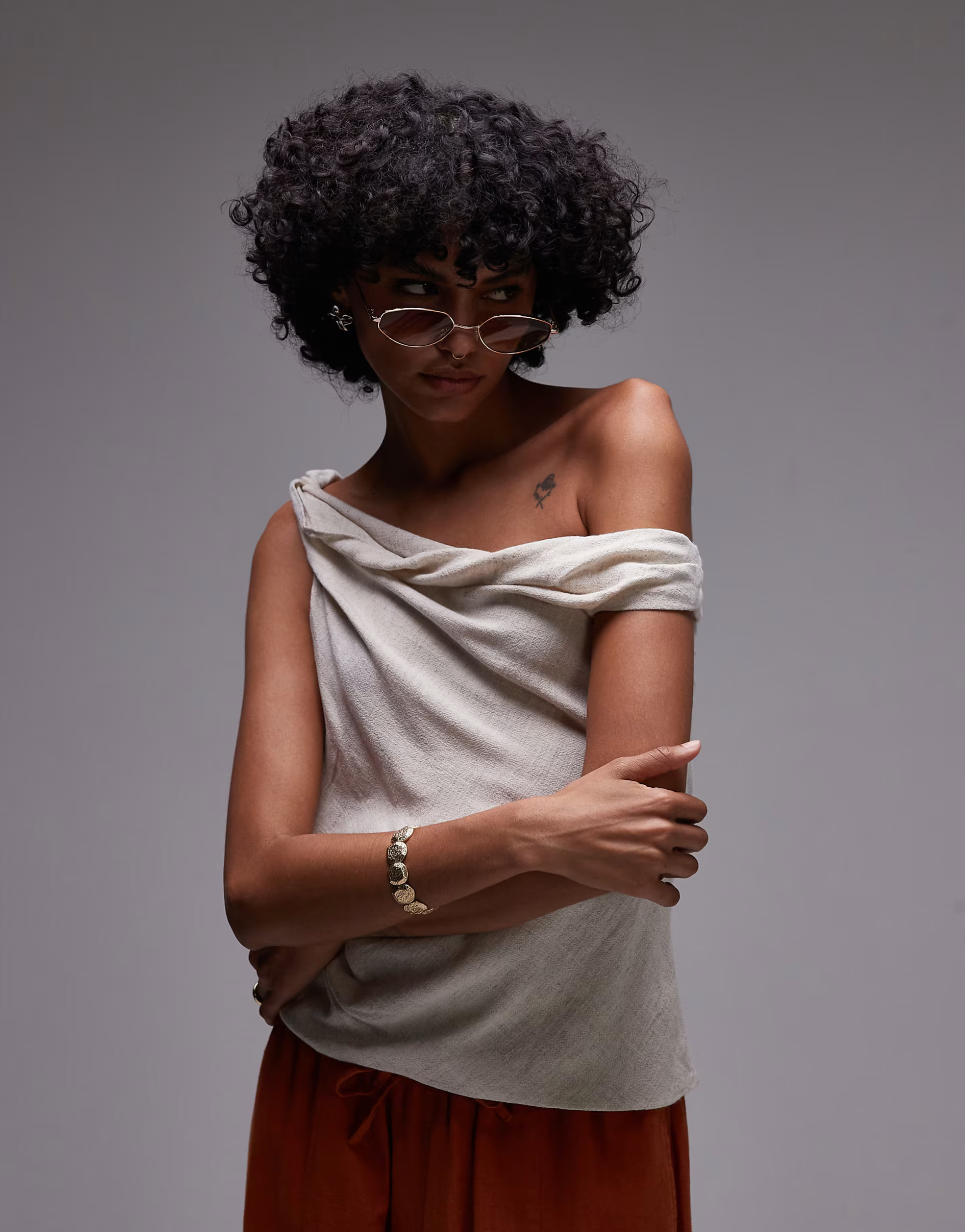 Topshop twist shoulder bardot top in natural | ASOS (Global)