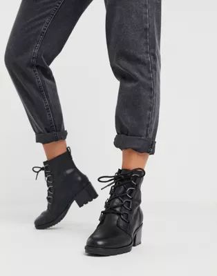 Sorel Cate lace up mid heel ankle boots in black | ASOS (Global)