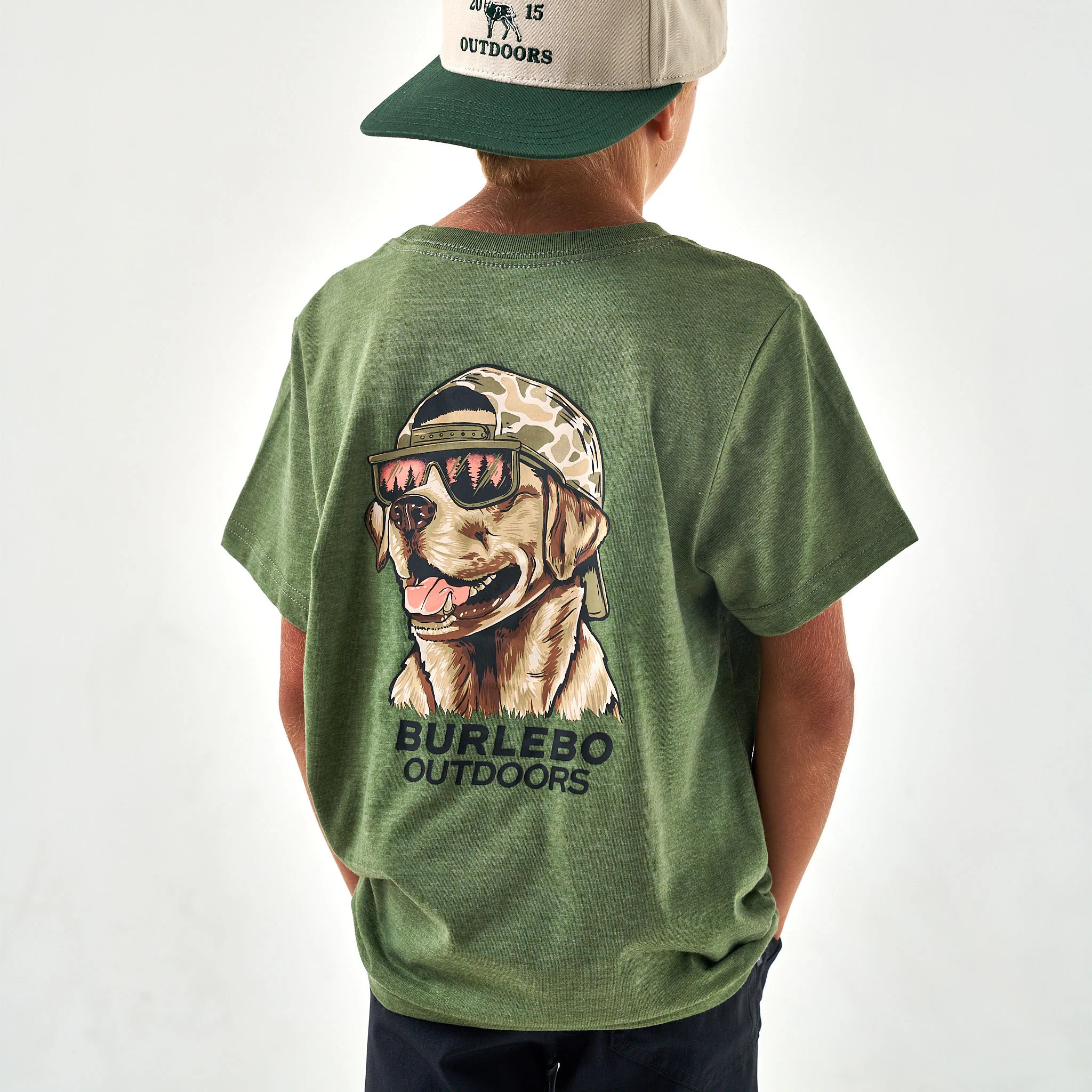 Youth Short Sleeve Tee - Mallard Camo Dog - Heather Olive | BURLEBO