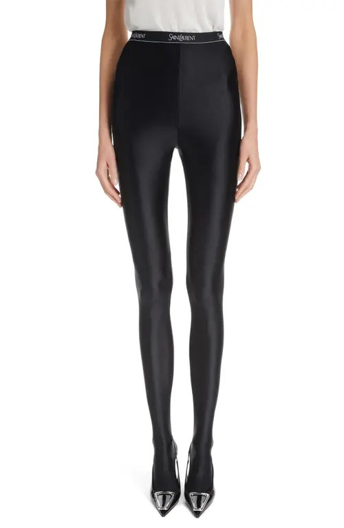 Saint Laurent Logo High Waist Satin Tights in Noir at Nordstrom, Size Small | Nordstrom