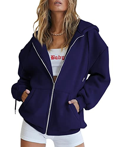 EFAN Women's Cool Hoodies Teen Girl 2024 Fall Jacket Oversized Sweatshirts Casual Drawstring Clothes Zip Up Y2K Hoodie with Pocket Navy Blue L | Amazon (US)