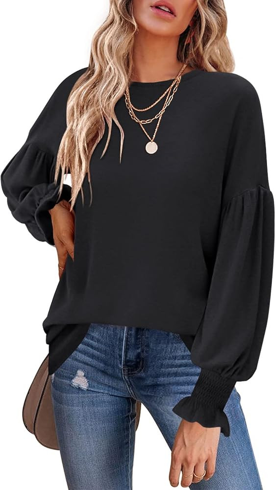 MIHOLL Crewneck T Shirts for Women Long Sleeve Casual Loose Ruffle Lantern Sleeve Top Blouse at A... | Amazon (US)