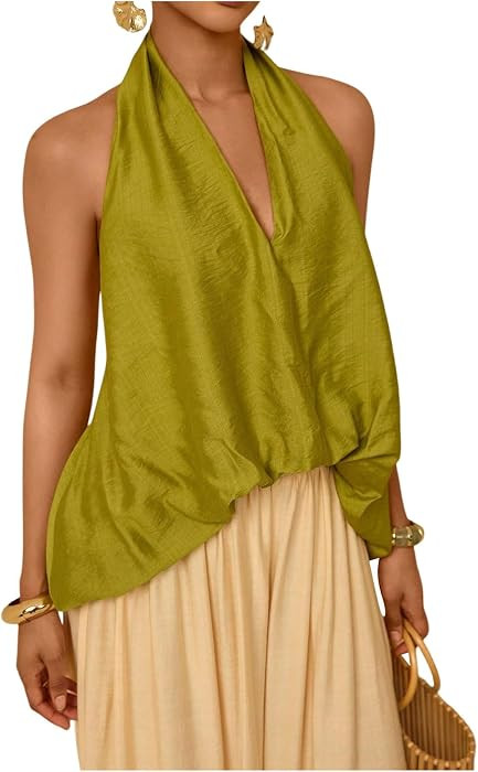 SHENHE Women's Halter Bubble Top Open Back V Neck Asymmetrical Hem Tops | Amazon (US)