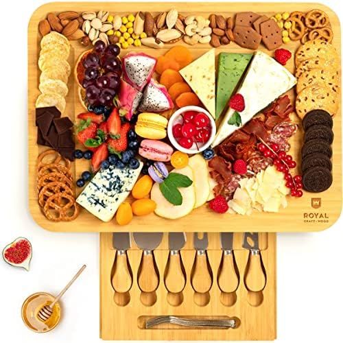 Unique Bamboo Cheese Board, Charcuterie Platter & Serving Tray - Large Cheese Board and Knife Set... | Amazon (US)