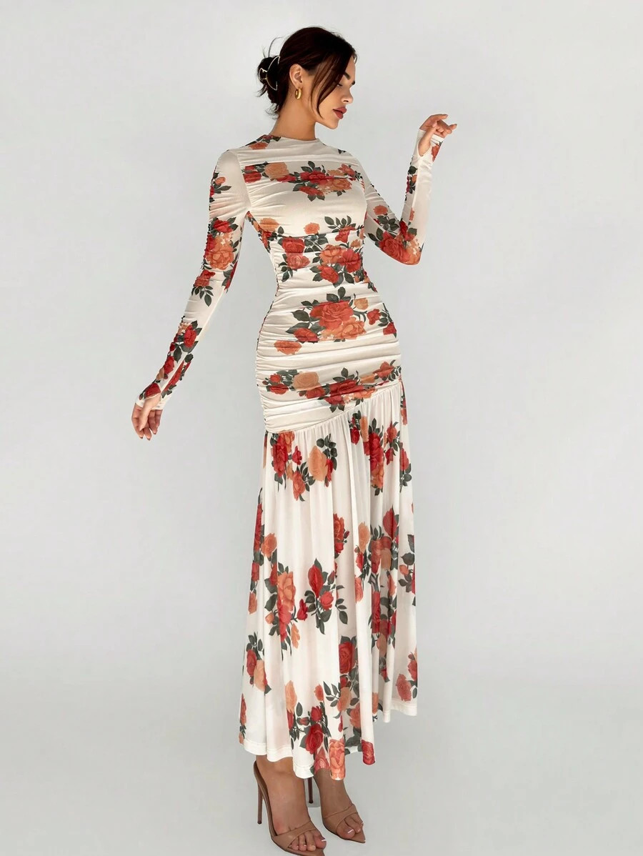 Aloruh New Arrival Elegant Floral Cluster Mesh Print Asymmetrical Hem Slimming Fit Dress With Sle... | SHEIN