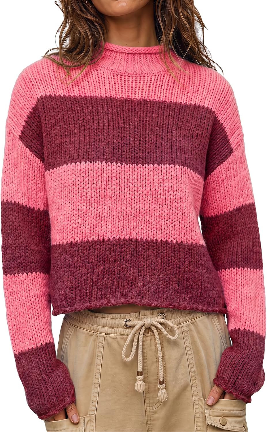 Cicy Bell Womens Striped Sweater Rolled Mock Neck Cropped Fall Knit Tops | Amazon (US)
